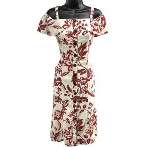 Anthropologie Linen Blend Oahu Floral Midi Dress Off Shoulder Smocked‎ Pockets 0